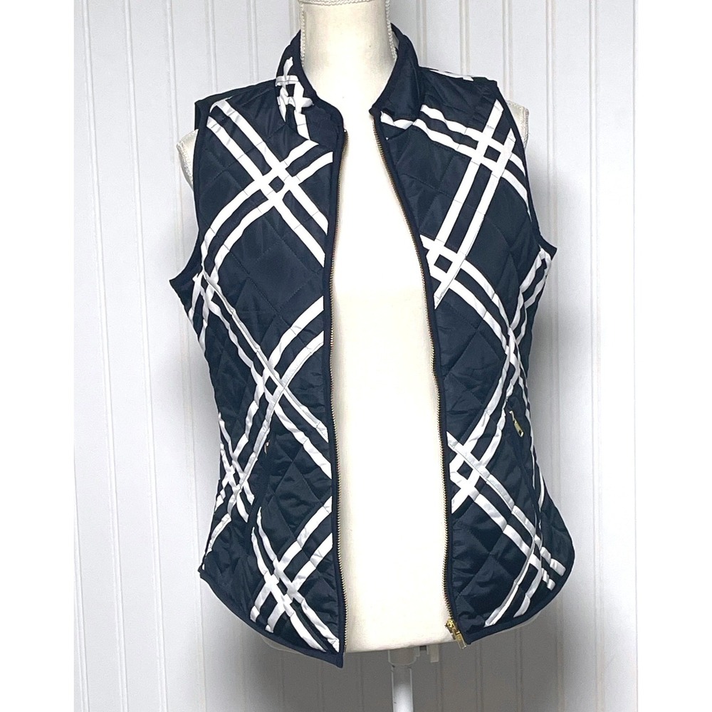 Crown & Ivy Navy Quilted‎ Grid Stripe Preppy Lightweight Vest Women's Small